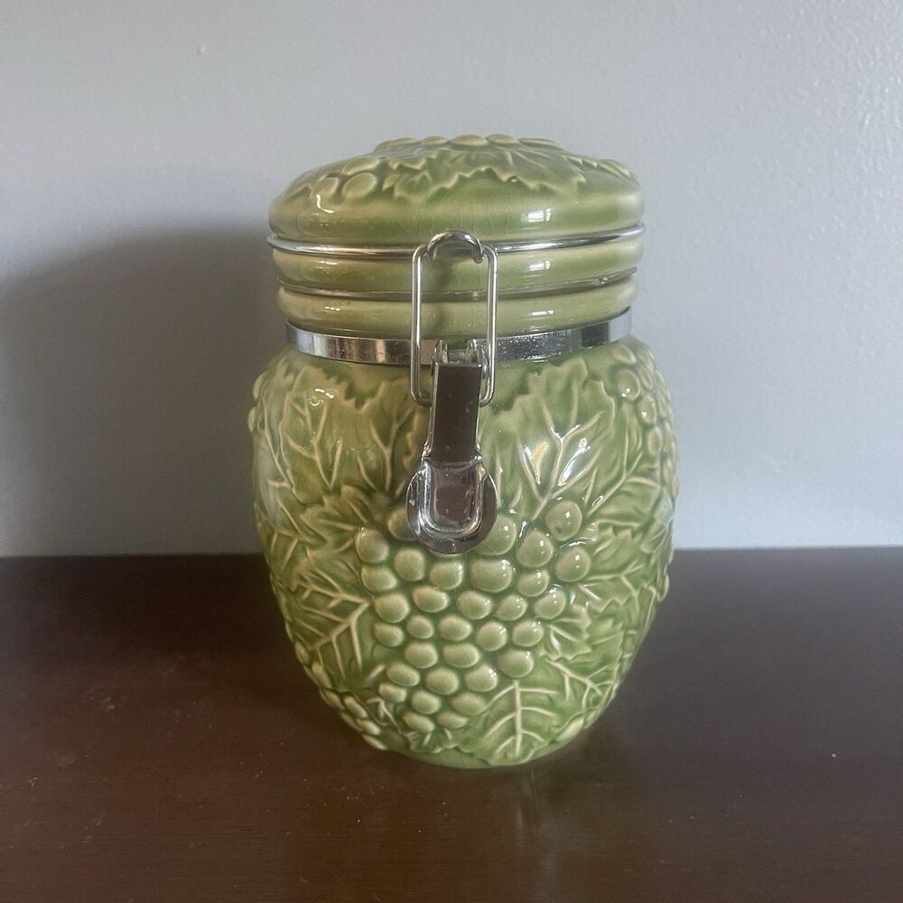 Vintage Majolica Style Green Ceramic Canister With Clasp And Grapes Design 7.5in